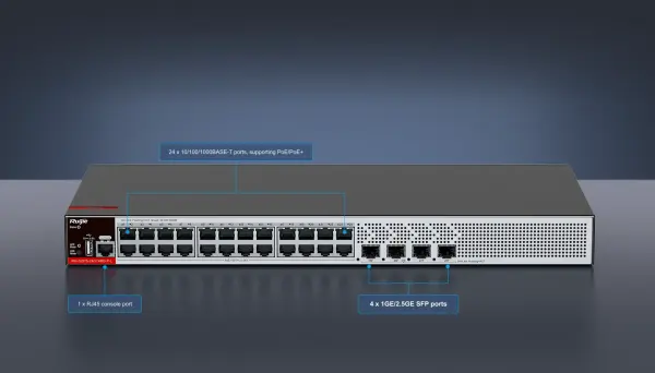 Ruijie RG-S2915-24GT4MS-P-L 24-Port 1GE RJ45 Layer 2+ Managed PoE+ Switch, 4-Port 2.5GE Uplink (switch, Türkiye)