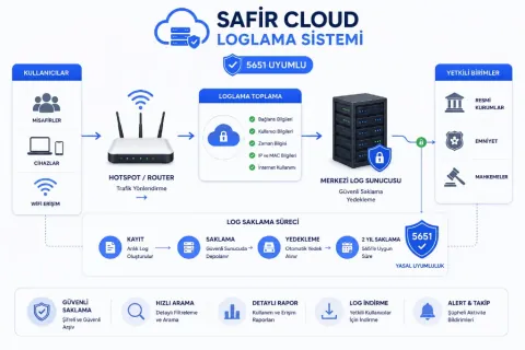 Safir Cloud 5651 uyumlu loglama sistemi infografiği — kayıt, arşivleme ve yasal uyumluluk akışı