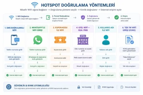 Hotspot doğrulama yöntemleri infografiği — SMS, WhatsApp, kupon, otel PMS, kullanıcı adı ve tek tık KVKK girişi