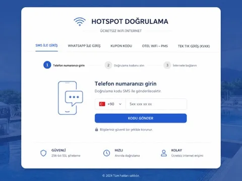 SMS doğrulamalı WiFi captive portal ekranı — telefon numarası ve OTP doğrulama adımları