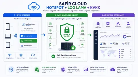 Safir Cloud Hotspot + Loglama + KVKK — router ve firewall entegrasyonu ile güvenli loglama akışı