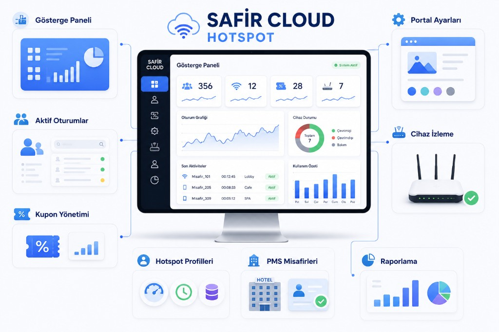 Safir Cloud Hotspot yönetim paneli infografiği — gösterge paneli, aktif oturumlar, kupon, portal ayarları, cihaz izleme ve raporlama modülleri